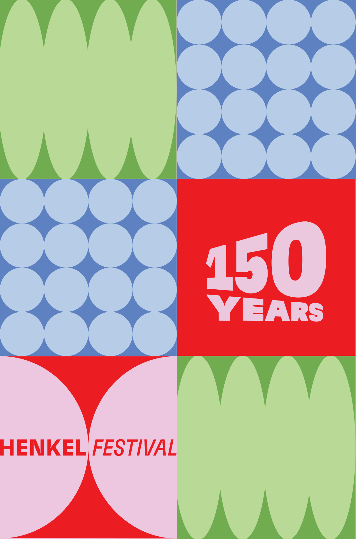 Henkel anniversary artwork with green arches, blue dot grids, 150 Years and Henkel Festival tiles